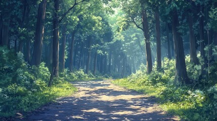 Fototapeta premium Sunlit path in serene forest with lush foliage and dense trees