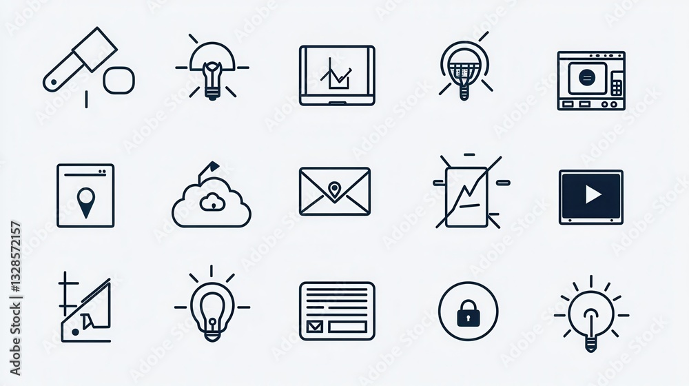 Poster a comprehensive collection of 15 minimalist outline icons representing various website and digital t