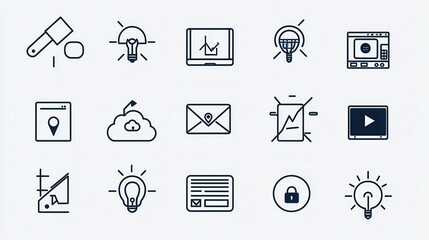 A comprehensive collection of 15 minimalist outline icons representing various website and digital technology concepts including user interface networking software and business applications