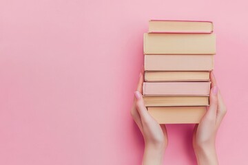 Hands holding a stack of pastel-colored books against a pink background.