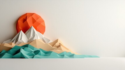 Paper art depicting mountains and sunset in vibrant colors.