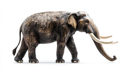 Obraz premium Side view of a realistic model of an Asian elephant, standing, with detailed skin texture, tusks, and legs, against a plain white background.