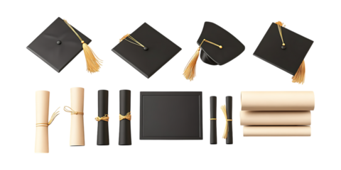 Pack Graduation Cap and Diploma Set Against Transparent Background for Academic Branding, Educational Designs, or Celebration Projects