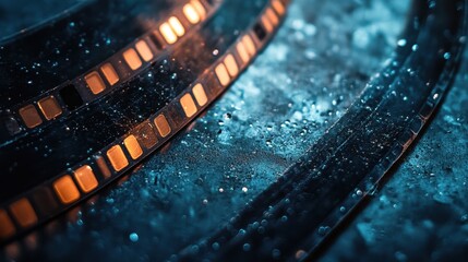 Close-up of vintage filmstrip with blue and orange lighting