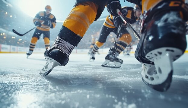 Dynamic ice hockey game action with players in motion showcasing athletic skill and intensity on the ice rink.