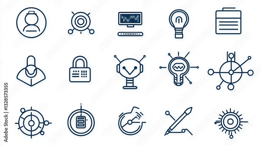 Poster this image features a set of 15 clean minimalistic outline icons representing various technology and