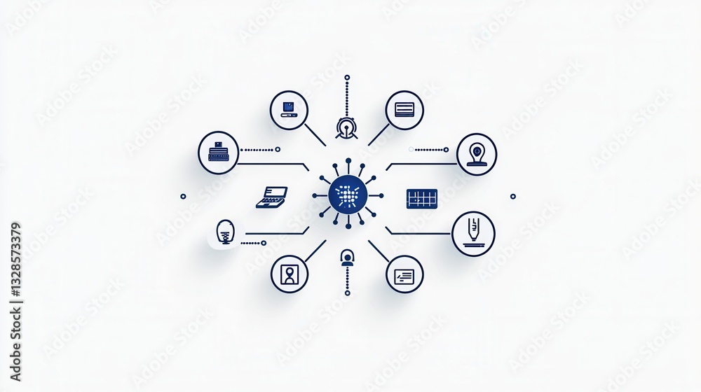 Poster interconnected icons representing various aspects of digital technology communication and network in