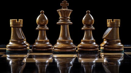 Wooden chess pieces on board reflecting in dark background