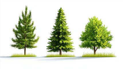 Fototapeta premium Three trees of different types on a white background.