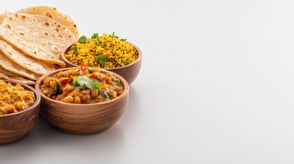 A bowl of delicious indian vegetarian food featuring dal and sabzi alongside rice, roti, and papad for a satisfying meal