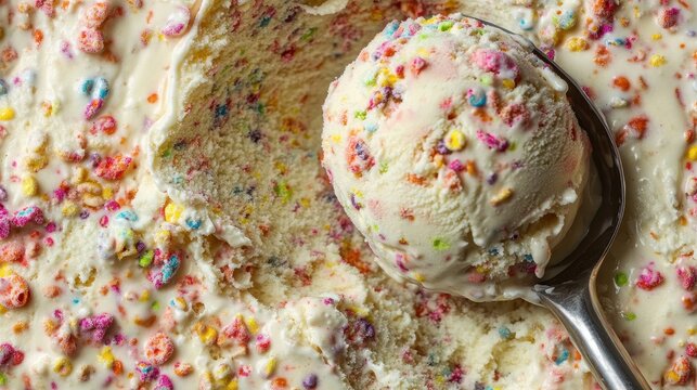 Vibrant Texture of Fruity Pebbles Cereal Ice Cream with Colorful Sprinkles