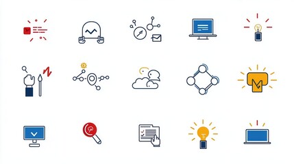 A set of 15 clean and minimalist outline icons representing various aspects of workplace productivity
