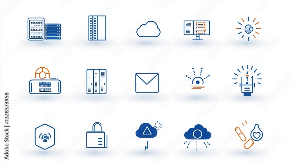 Poster a set of 15 clean and minimalist outline icons representing various data center and networking techn