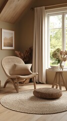 Beige and brown room interior with a wooden chair, round rug, and window. Natural light illuminates the space, creating a calm atmosphere.
