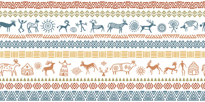 Ethnic seamless pattern on the theme of rock paintings, petroglyphs and geometric pattern, vector design, banner