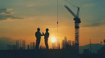 Two construction workers in silhouette,  handshake, at sunset on a construction site with a crane in the background.