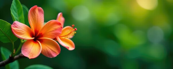 Fototapeta premium Colorful frangipani blooms on a lush green branch, floral, blooming, hibiscus