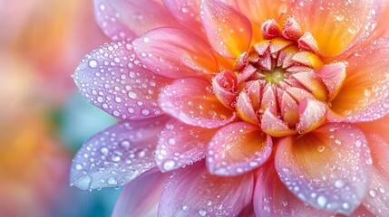 Fototapeta premium Close-up of a dahlia flower with water drops. Soft focus. Colorful chrysanthemum up close. Bright floral background for summer and spring.