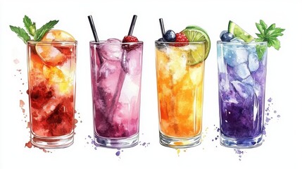 Vibrant mixed drinks with fresh fruits and ice in tall glasses