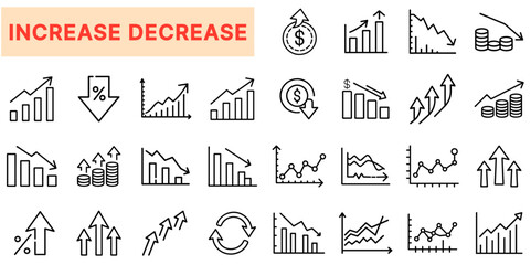 Increase and Decrease Trends Line Icons Set – Growth, Decline, Financial Analysis, Profit, Loss, Market Trends, Stock Performance, Revenue, Investment, Business Statistics