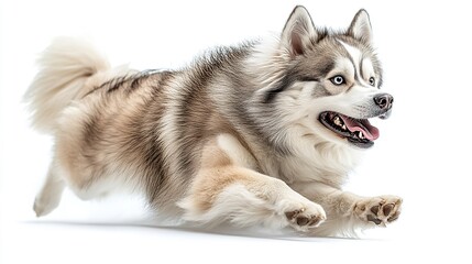 Fototapeta premium whole-body-lens,a dog playing,Alaskan Malamute,white and no background --ar 16:9 --stylize 500 --v 6.1 Job ID: ed6a2a68-46e5-4a86-af5c-af6618339f42