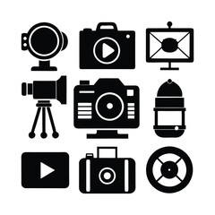 set of 9 different photo, video, camera, gallery icons of silhouette vector illustration