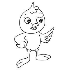 Cute cartoon hand drawn vector smiley baby chicken coloring page.