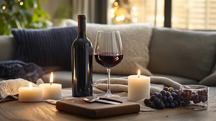 Enjoying red wine at home: A bottle, glass, opener, and candles create a cozy night in the living room.