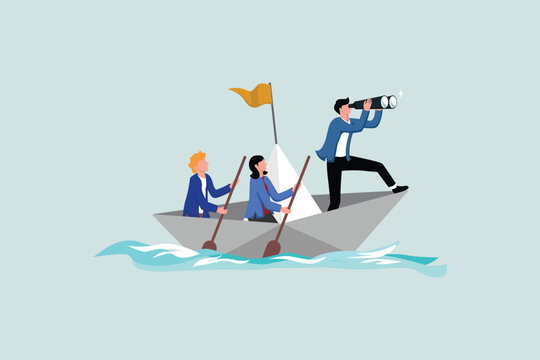 Leadership to lead business in crisis, teamwork or support to achieve target, vision or forward strategy for success concept, businessman leader with bino team sailing origami ship