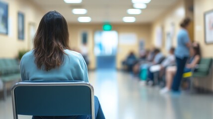 A women in a busy hospital waiting room