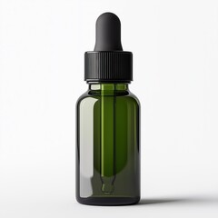 green glass dropper bottle with a black dropper cap, isolated on a pure white background