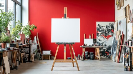 Blank canvas on wooden easel in an artist's studio with red walls, art supplies, and paintings. Natural light illuminates the scene.