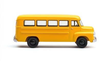 Side view of a yellow school bus toy, isolated on white background.