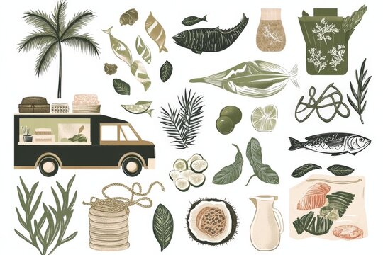 Elements of a holiday such as a beach truck, palm trees, oysters on coral, olive branches, asparagus, lime leaves, a coffee pot on white background