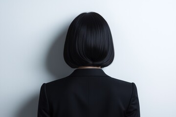 A woman with sleek black hair wearing a black suit, photographed from behind against a light background.