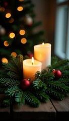 Evergreen branches and candles create a peaceful atmosphere, festive, nature