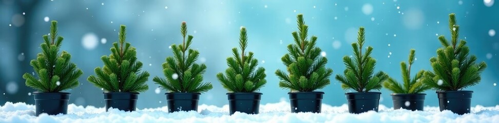 Fototapeta premium Evenly spaced fir seedlings in black pots against a blue winter sky with scattered snowflakes, plantation, winter scene, evergreen plants