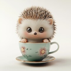 A cute cartoon hedgehog sitting inside a decorative teacup