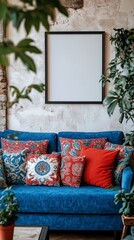Blue velvet couch with patterned pillows sits against a textured wall, a blank frame hangs above, greenery adds vibrancy to the scene.