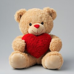 Obraz premium A fluffy brown teddy bear sits isolated, holding a red heart, a cuddly gift of childhood love