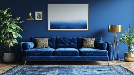 Luxurious blue velvet sofa in a modern living room with gold accents, blue walls, and patterned rug. Plants and gold lamps add to the sophisticated atmosphere.