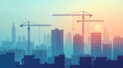 Obraz premium Cityscape at sunrise with construction cranes. Urban development in progress.