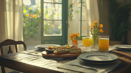 Cozy Breakfast Setting with Avocado Toast and Orange Juice