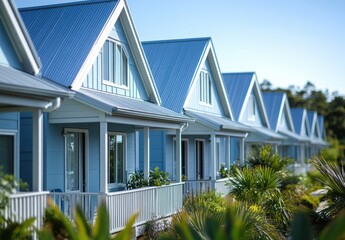 Fototapeta premium Charming Blue Cottages with Metal Roofs Lined Up Under Clear Sky in a Tranquil Coastal Environment Surrounded by Lush Greenery and Natural Beauty