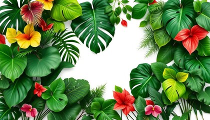 Fototapeta premium Lush tropical foliage frame, ferns, philodendrons, monstera leaves on white Clipping path, climbing plants, white background