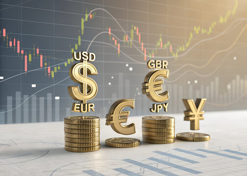 A visualization of various currencies and stacked coins representing forex trading - Powered by Adobe