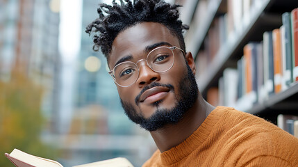 Young man reading enthusiastically in a bright library urban setting portrait image intellectual environment engaging perspective learning journey