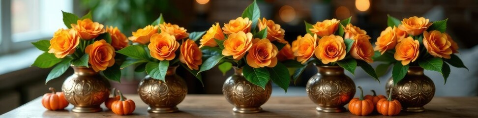 Obraz premium Ornate vases filled with orange clove arrangements and greenery, orange clove arrangements, holiday centerpieces, autumn decor