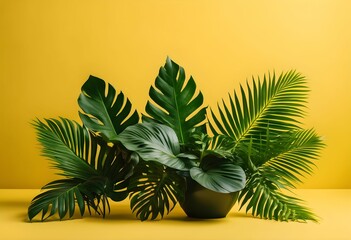 Obraz premium Beautiful arrangement of lush green plants in a black pot set against a vibrant yellow background enhancing indoor decoration Generative AI