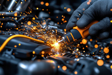 Auto mechanic uses multimeter to diagnose car engine issues with sparks flying